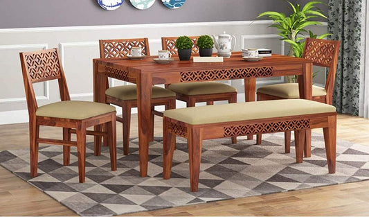 Jeenwood Solid Wood Dining Table 6 Seater | Six Seater Dinning Table with 4 Chairs & 1 Bench for Home & Restaurant | Dining Room Set | Sheesham Wood, Honey Finish - Brown