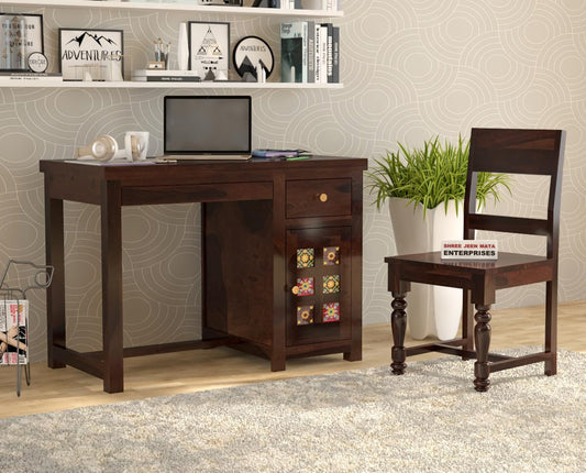 Jeenwood Wooden Study Table with Chair Study Desk for Students with 1 Drawer & 1 Door - Computer Table for Home PC - Office Table Wooden Table for Study Room Study Table with Storage - Walnut