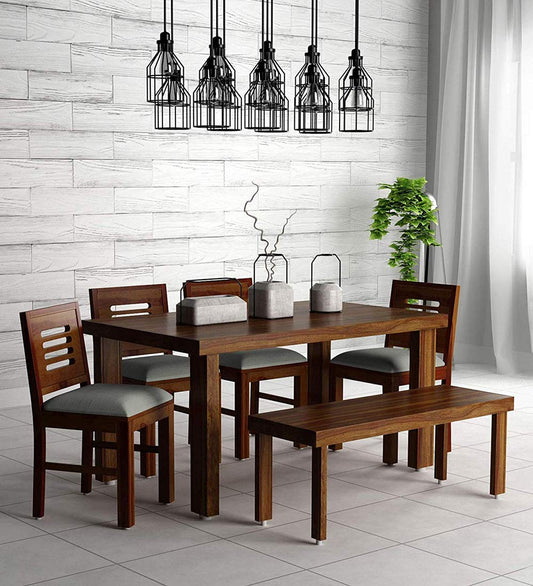 Jeenwood Wooden Dining Table 6 Seater | Six Seater Dinning Table with 4 Chairs & 1 Bench | Dining Room Set | Sheesham Wood, Provincial Teak Finish - Brown