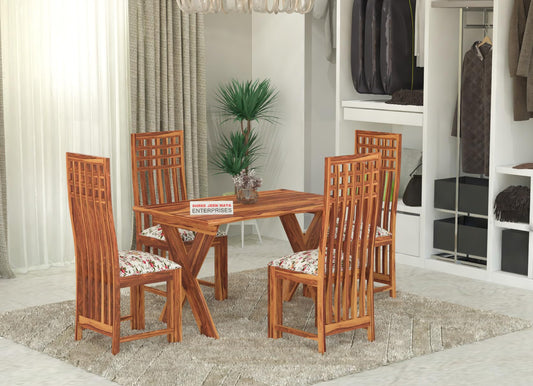 Jeenwood Sheesham Wooden 4 Seater Dining Table with Cushion Chairs Dining Set for Dining Room - Wooden Dining 4 Seater Modern Dining Table Set of 4 for Living Room Home - Honey