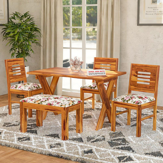 Jeenwood Sheesham Wooden 4 Seater Dining Table with 3 Chairs & 1 Bench - Dining Set for Dining Room - Wooden Dining 4 Seater with Cushion Seating Dining Table Set of 4 - Honey