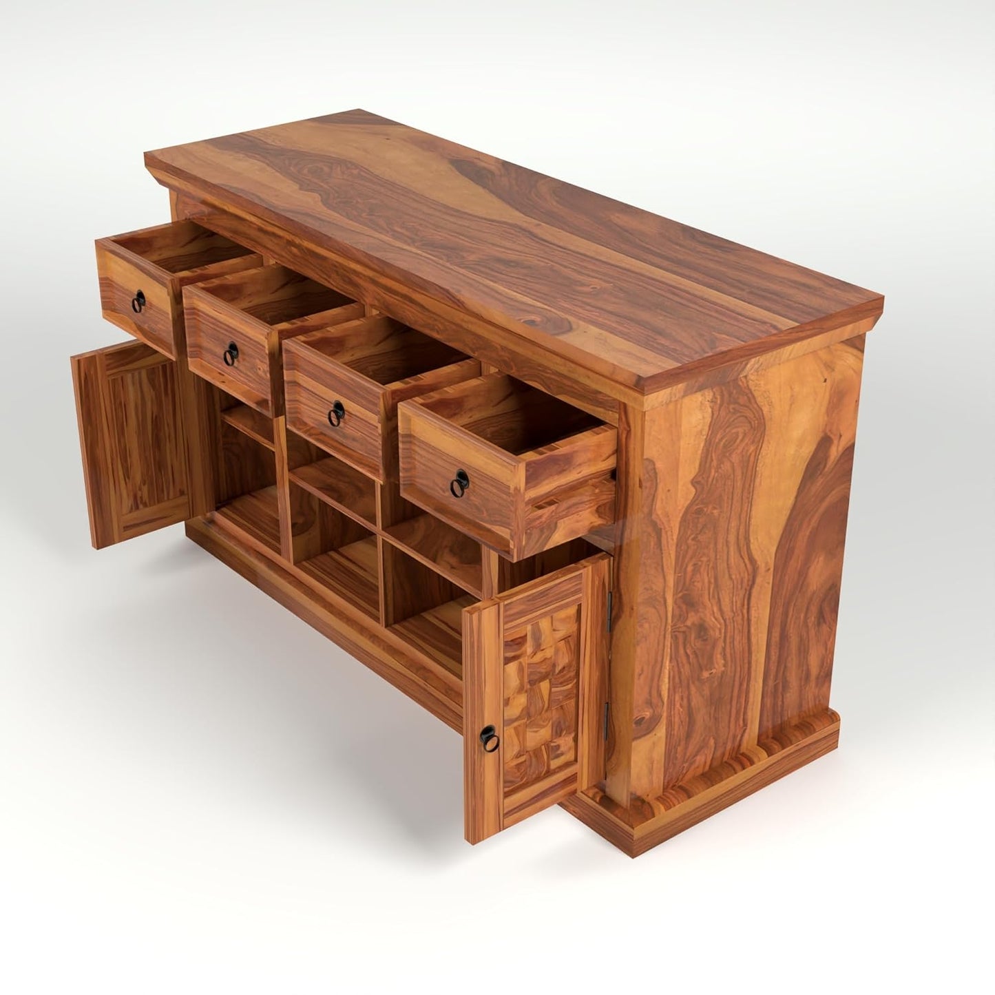 Solid Sheesham Wood Sideboard Cabinet with Drawers & Shelves