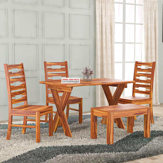 Jeenwood Sheesham Wooden 4 Seater Dining Table with 3 Chairs & 1 Bench - Dining Set for Dining Room - Wooden Dining Table 4 Seater - Modern Dining Table Set of 4 for Hotel - Honey