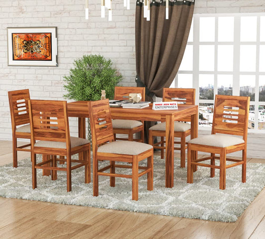 Jeenwood Sheesham Wooden 6 Seater Dining Table with 6 Chairs Dining Set for Dining Room - Wooden Dining Table Set 6 Seater with Cushion Seating - for Living Room Home - Honey