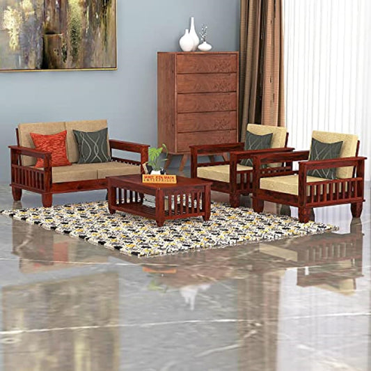 Jeenwood Solid Sheesham Wood Sofa Set Wooden 4 Seater Sofa Set - Brown Finish