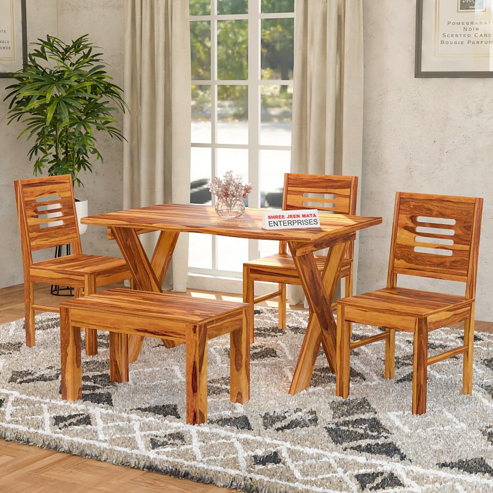 Jeenwood Sheesham Wooden 4 Seater Dining Table with 3 Chairs & 1 Bench - Dining Set for Dining Room - Wooden Dining Table 4 Seater - Dining Table Set of 4 - Honey