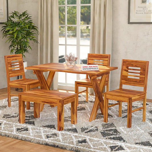 Jeenwood Sheesham Wooden 4 Seater Dining Table with 3 Chairs & 1 Bench - Dining Set for Dining Room - Wooden Dining Table 4 Seater - Dining Table Set of 4 - Honey