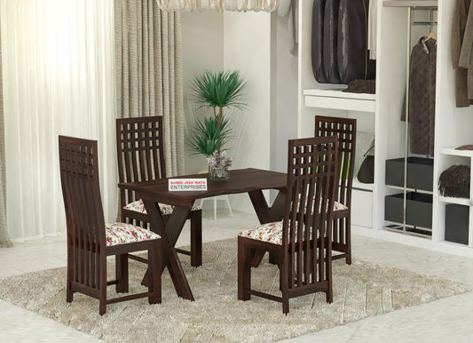 Jeenwood Sheesham Wooden 4 Seater Dining Table with Cushion Chairs Dining Set for Dining Room - Wooden Dining 4 Seater Modern Dining Table Set of 4 for Living Room Home - Walnut
