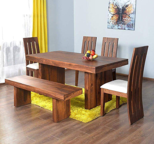 Jeenwood Solid Sheesham Wood 6 Seater Dining Table Set with 4 Chairs and 1 Bench for Dining Room Home Wooden Dining Room Set Furniture - Brown
