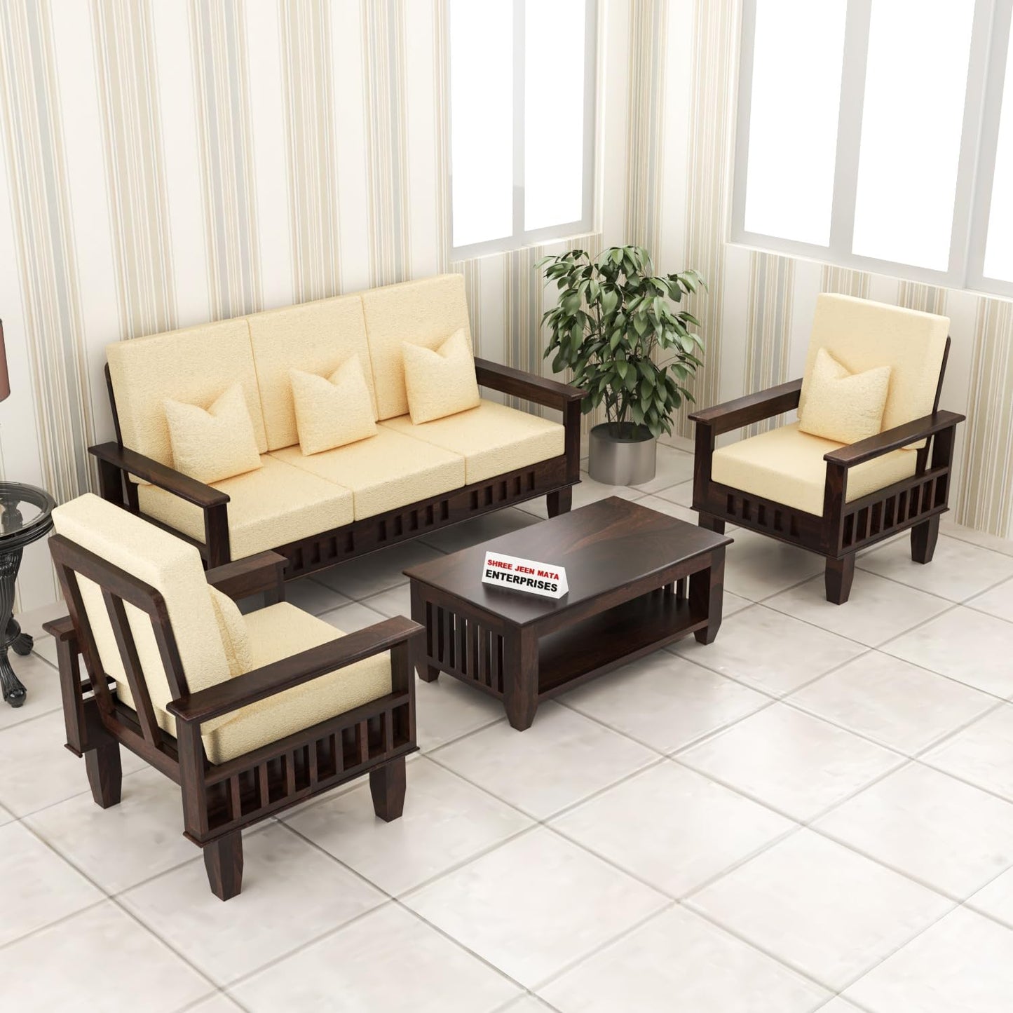 Jeenwood Solid Sheesham Wood 5 Seater Sofa Set, 5 Seater Seater Sofa Set with Side Pockets - Walnut Finish