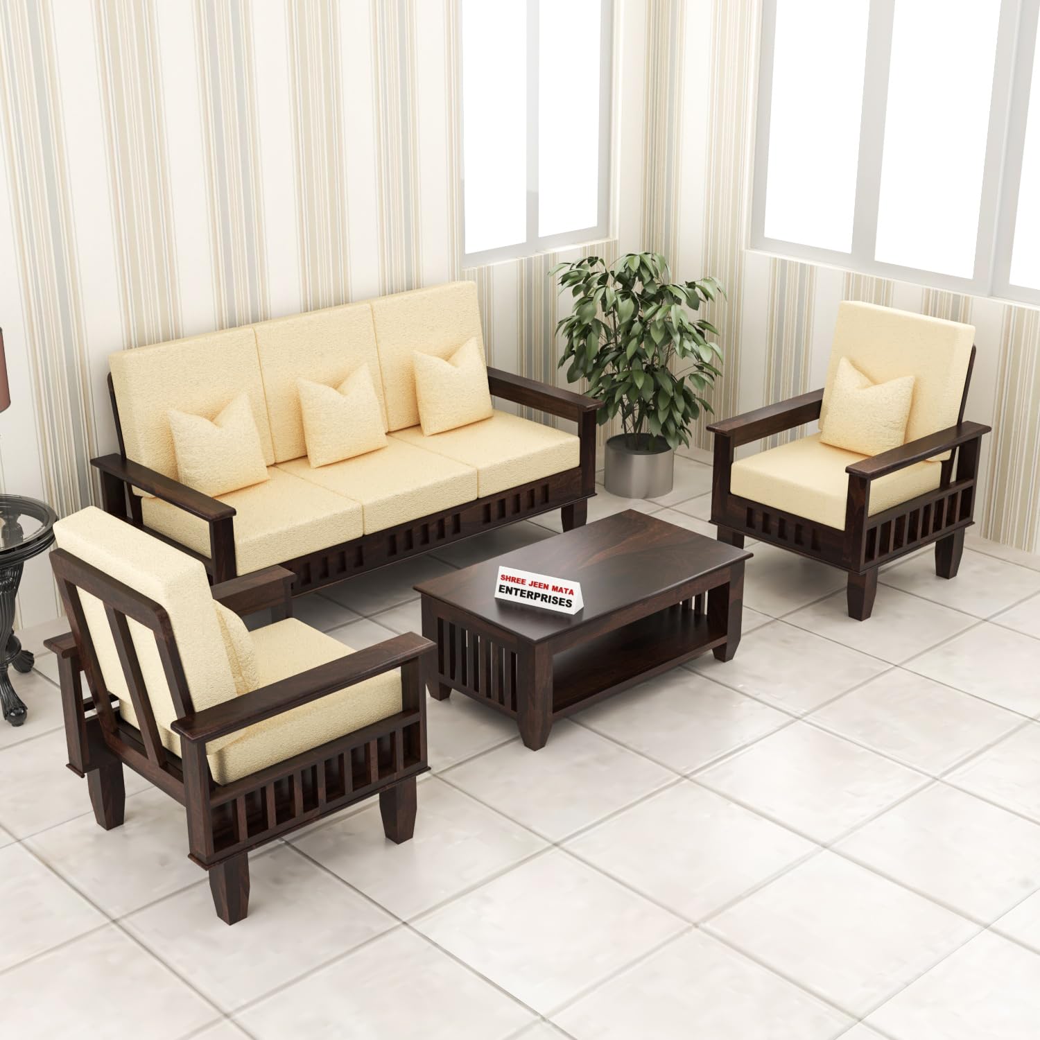 Jeenwood Solid Sheesham Wood 5 Seater Sofa Set, 5 Seater Seater Sofa Set with Side Pockets - Walnut Finish