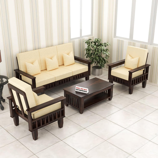 Jeenwood Solid Sheesham Wood 5 Seater Sofa Set, 5 Seater Seater Sofa Set with Side Pockets - Walnut Finish