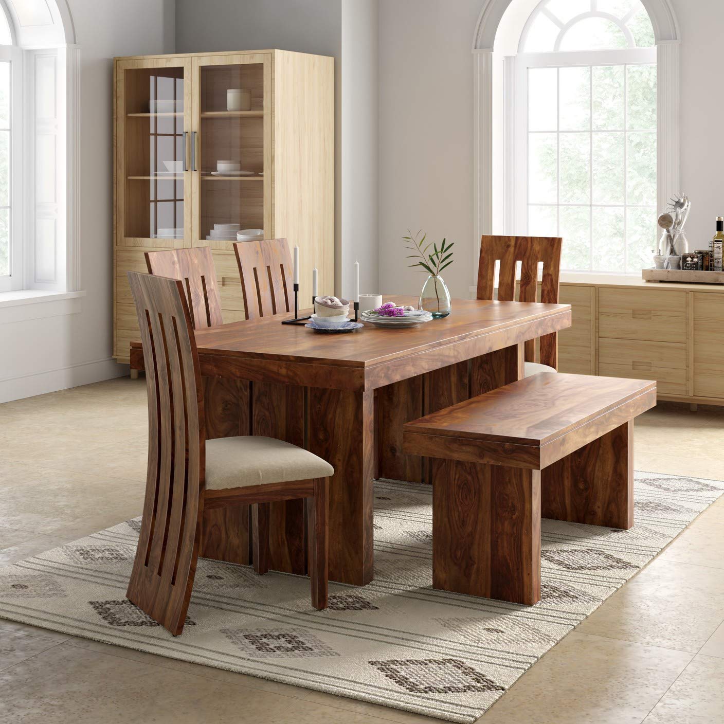 Jeenwood Solid Sheesham Wood Dining Table 6 Seater with Chair Set | Wooden 6 Seater Dining Table with 4 Chairs and 1 Bench | Dining Table Sets | Dining Room Sets Furniture - Brown
