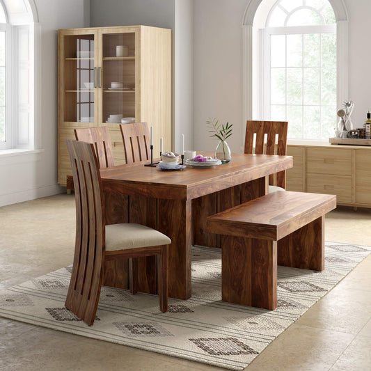 Jeenwood Solid Sheesham Wood Dining Table 6 Seater with Chair Set | Wooden 6 Seater Dining Table with 4 Chairs and 1 Bench | Dining Table Sets | Dining Room Sets Furniture - Brown