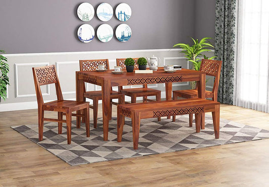 Jeenwood Solid Sheesham Wood Dining Table Set 6 Seater with 4 Chairs and 1 Bench for Dining Room Living Room, Home, Solid Wood 6 Seater Dinning Table Set, - Honey Finish