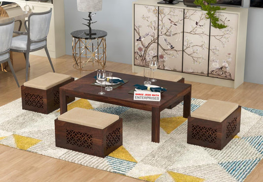 Jeenwood Sheeshsam Wooden Coffee Table with 4 Stools for Living Room - Solid Wood Coffee Table with Cushion Seating Stools Tea Table Teapoy Center Piece for Home Sofa Center Table - Norris Walnut