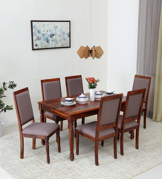Jeenwood Wooden Dining Table 6 Seater | Solid Wood Dining Table with Chairs | Sheesham Wood | Dining Table and 6 Chairs | Home & Dining Room Furniture | Grey Cushion - Brown