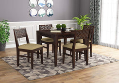 Solid Sheesham Wood Square 4 Seater Dining Table Set with 4 Cushion Chairs | Wooden Furniture for Dining Room | Living Room | Home | Solid Wood Dinning Table Set - Walnut Finish