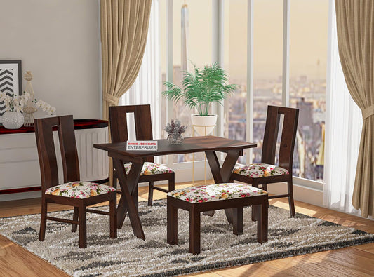 Jeenwood Sheesham Wooden 4 Seater Dining Table with 3 Chairs & 1 Bench - Dining Set for Dining Room - Wooden Dining 4 Seater with Cushion Seating Modern Dining Table Set of 4 - Walnut
