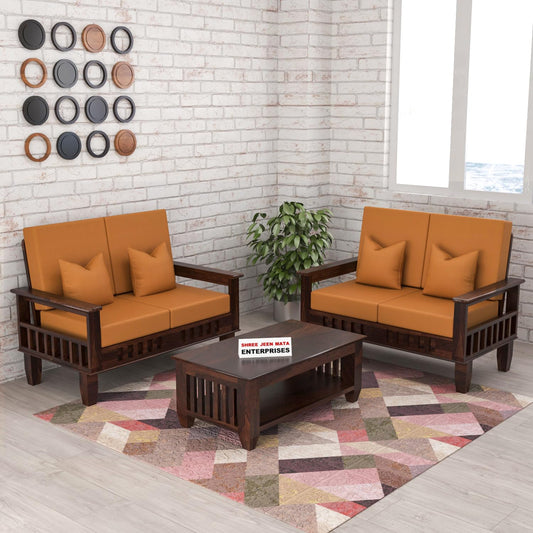 Jeenwood Sheesham Wooden 4 Seater Sofa Set for Living Room - Solid Wood - Walnut
