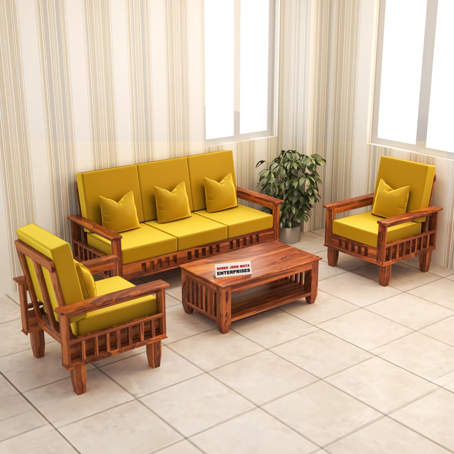 Jeenwood Solid Sheesham Wood 5 Seater Sofa for Living Room - Yellow Honey