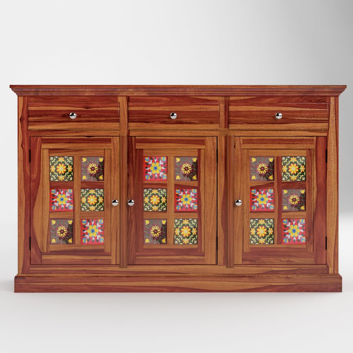 Solid Sheesham Wood Handcrafted Sideboard Cabinet with Hand-Painted Tile Doors