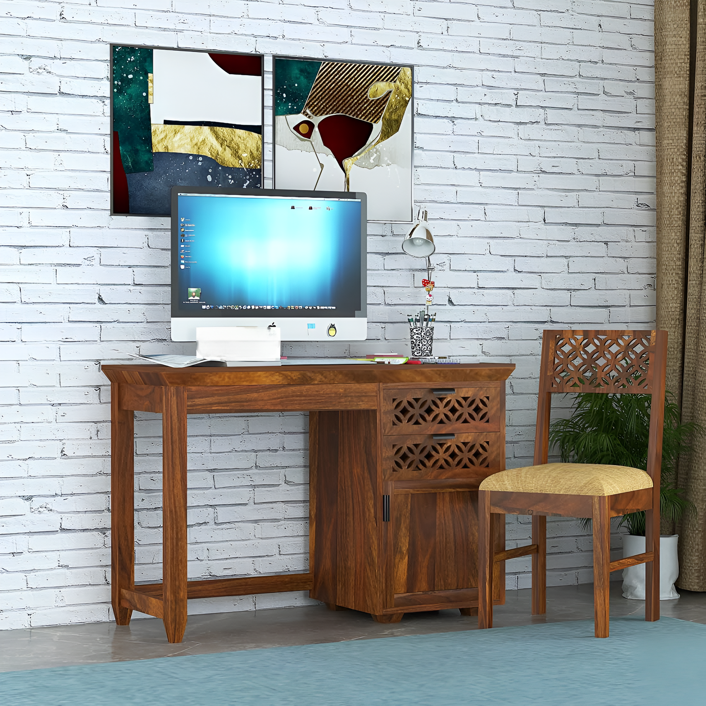 Teak Finish Wooden Office Desk for Home & Workspace
