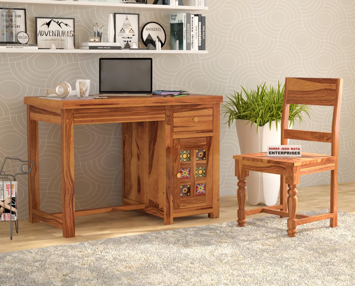 Jeenwood Wooden Study Table with Chair Study Desk for Students with 1 Drawer & 1 Door - Computer Table for Home PC - Office Table Wooden Table for Study Room Study Table with Storage - Honey