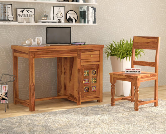 Jeenwood Wooden Study Table with Chair Study Desk for Students with 1 Drawer & 1 Door - Computer Table for Home PC - Office Table Wooden Table for Study Room Study Table with Storage - Honey