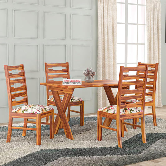 Jeenwood Sheesham Wooden 4 Seater Dining Table with Cushion Chairs Dining Set for Dining Room - Wooden Dining Table 4 Seater Modern Dining Set of 4 for Hotel - Honey