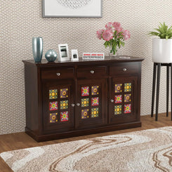 Jeenwood Solid Sheesham Wood Cabinet Drawer | Sideboard with Storage for Living Room | Bedroom | Hallway | Home Furniture - Walnut