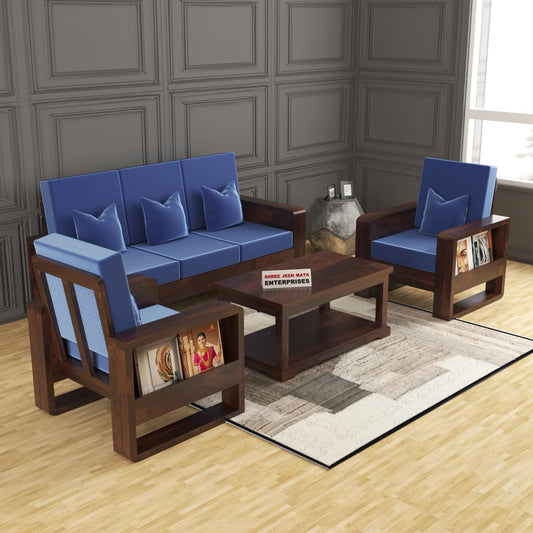 Jeenwood Solid Sheesham Wood 5 Seater Sofa Set, 5 Seater Seater Sofa Set with Side Pockets - Walnut