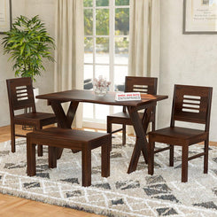 Jeenwood Sheesham Wooden 4 Seater Dining Table with 3 Chairs & 1 Bench - Dining Set for Dining Room - Wooden Dining Table 4 Seater - Dining Table Set of 4 - Walnut