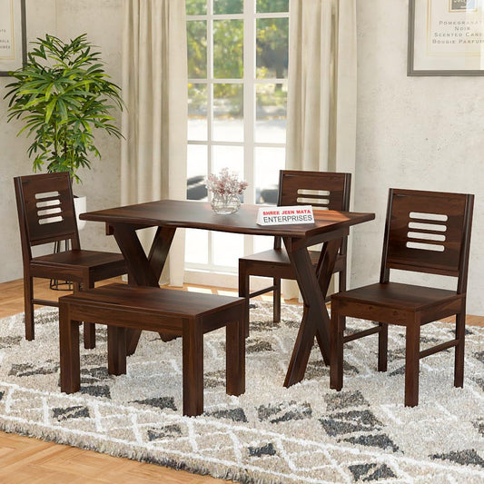 Jeenwood Sheesham Wooden 4 Seater Dining Table with 3 Chairs & 1 Bench - Dining Set for Dining Room - Wooden Dining Table 4 Seater - Dining Table Set of 4 - Walnut