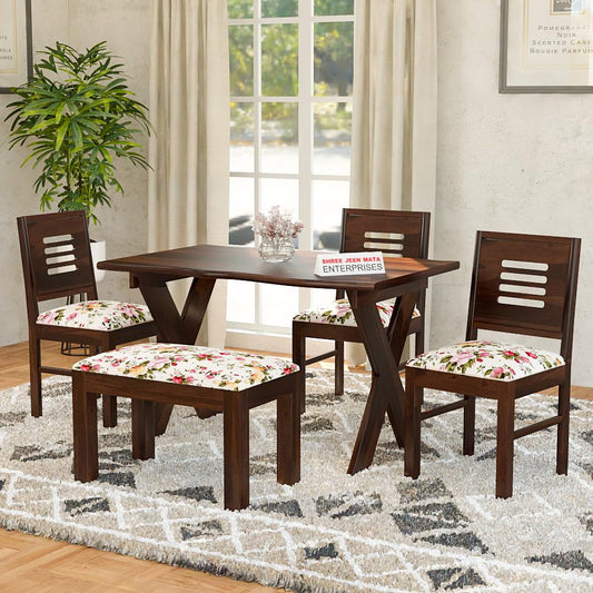 Jeenwood Sheesham Wooden 4 Seater Dining Table with 3 Chairs & 1 Bench - Dining Set for Dining Room - Wooden Dining 4 Seater with Cushion Seating Dining Table Set of 4 - Walnut