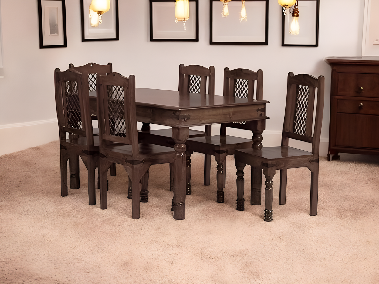 Solid Wood 6 Seater Dining Table Set with Wooden Chairs