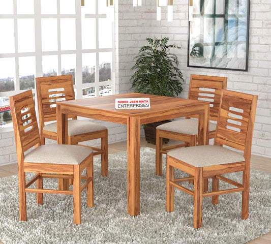 Jeenwood Sheesham Wooden 4 Seater Dining Table with Cushion Chairs Dining Set for Dining Room - Wooden Dining 4 Seater Modern Dining Table Set of 4 for Living Room Home - Honey
