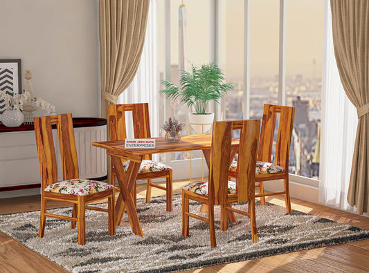Jeenwood Sheesham Wooden 4 Seater Dining Table with Cushion Chairs Dining Set for Dining Room - Wooden Dining 4 Seater Modern Dining Table Set of 4 for Living Room Home - Honey
