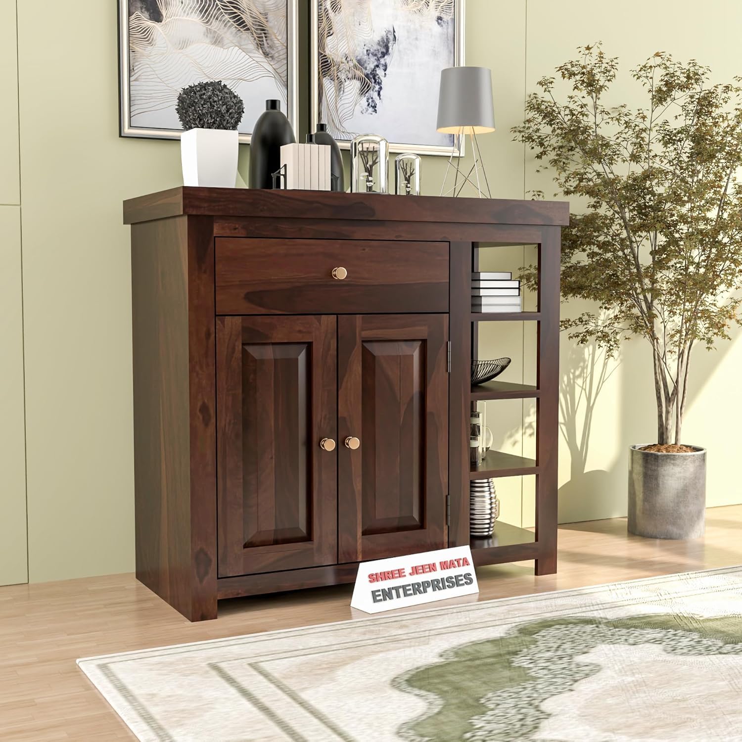 Jeenwood Solid Sheesham Wood Cabinet Drawer | Sideboard with Storage for Living Room | Bedroom | Hall | Home Furniture - Walnut