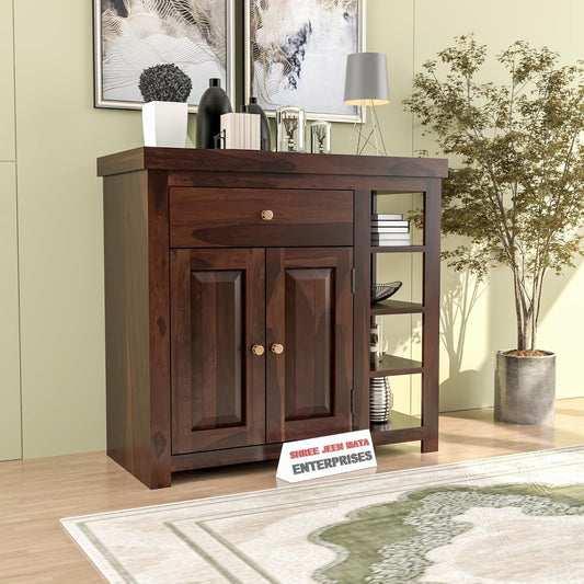 Jeenwood Solid Sheesham Wood Cabinet Drawer | Sideboard with Storage for Living Room | Bedroom | Hall | Home Furniture - Walnut