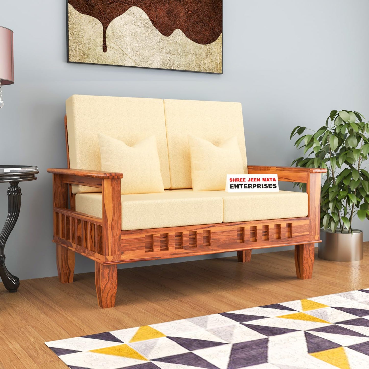 Jeenwood Solid Sheesham Wood 2 Seater Sofa, 2 Seater Sofa with Side Pockets with Cushions for Living Room, Home Furniture - Honey Finish