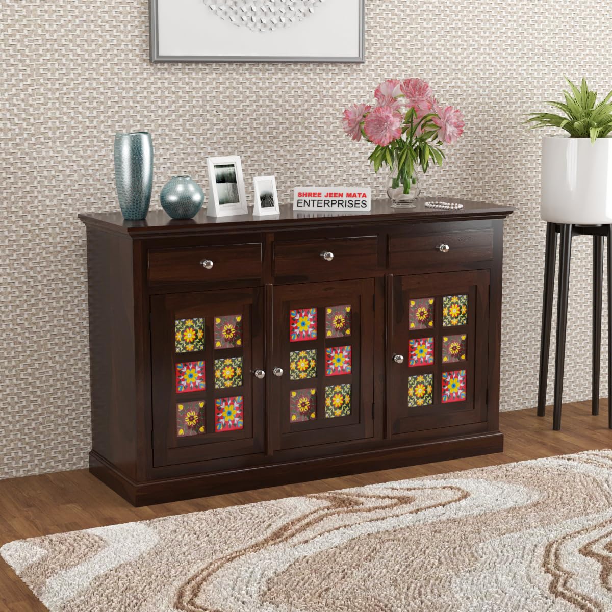 Solid Sheesham Wood Handcrafted Sideboard Cabinet with Hand-Painted Tile Doors