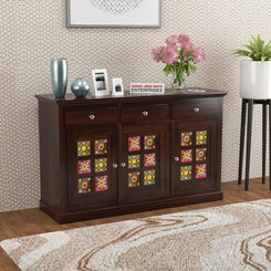 Solid Sheesham Wood Handcrafted Sideboard Cabinet with Hand-Painted Tile Doors