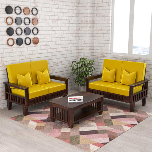Jeenwood Sheesham Wooden 4 Seater Sofa Set for Living Room - Solid Wood - yellow Walnut