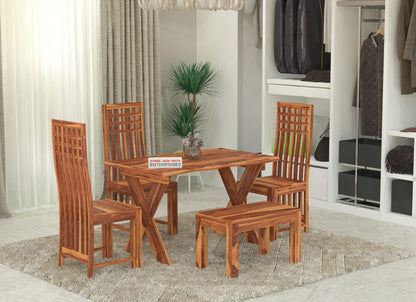 Jeenwood Sheesham Wooden 4 Seater Dining Table with 3 Chairs & 1 Bench - Dining Set for Dining Room - Wooden Dining 4 Seater Dining Table Set of 4 for Living Room Home - Honey