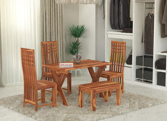 Jeenwood Sheesham Wooden 4 Seater Dining Table with 3 Chairs & 1 Bench - Dining Set for Dining Room - Wooden Dining 4 Seater Dining Table Set of 4 for Living Room Home - Honey
