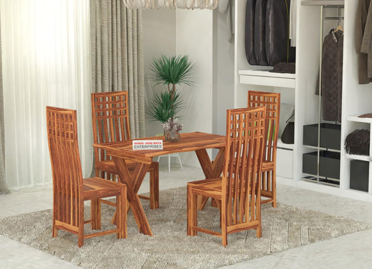 Jeenwood Sheesham Wooden 4 Seater Dining Table with Chairs Dining Set for Dining Room - Wooden Dining Table 4 Seater Modern Dining Set of 4 for Hotel Restaurant - Honey