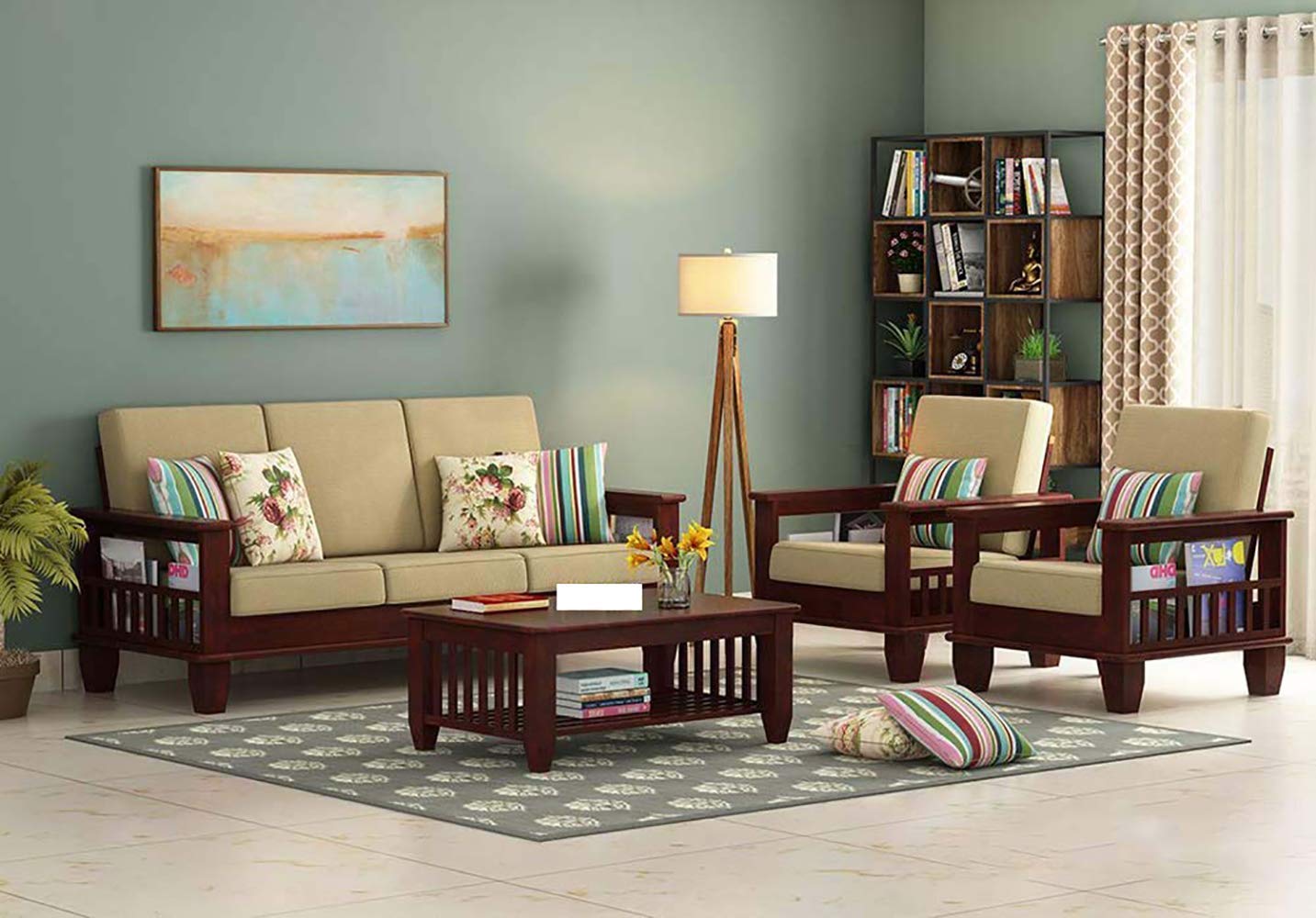Jeenwood Wooden 5 Seater Sofa Set with Coffee Table for Living Room | 3+1+1 Seater Sofa for Office & Lounge | Five Seater Sofa Sets - Mahogany Finish