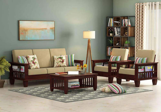 Jeenwood Wooden 5 Seater Sofa Set with Coffee Table for Living Room | 3+1+1 Seater Sofa for Office & Lounge | Five Seater Sofa Sets - Mahogany Finish