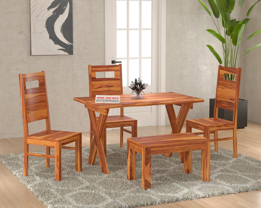 Jeenwood Sheesham Wooden 4 Seater Dining Table with 3 Chairs & 1 Bench - Dining Set for Dining Room - Wooden Dining Table 4 Seater Dining Table Set of 4 - Honey